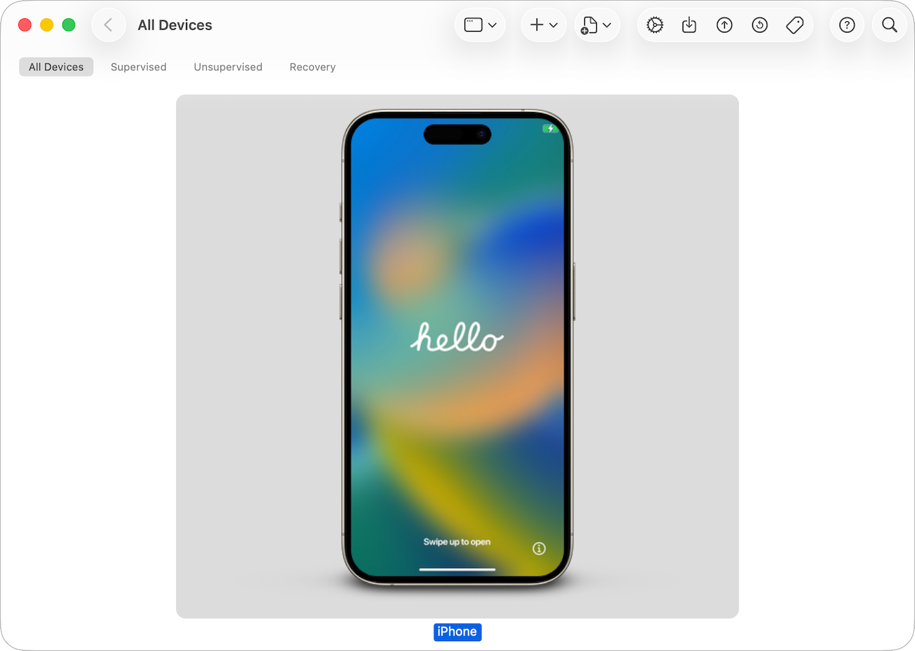An Apple Configurator window showing iPhone selected in the All Devices view.