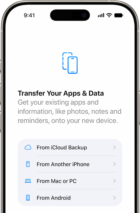 The Transfer Your Apps & Data screen on an iPhone, with From iCloud Backup as the first option.