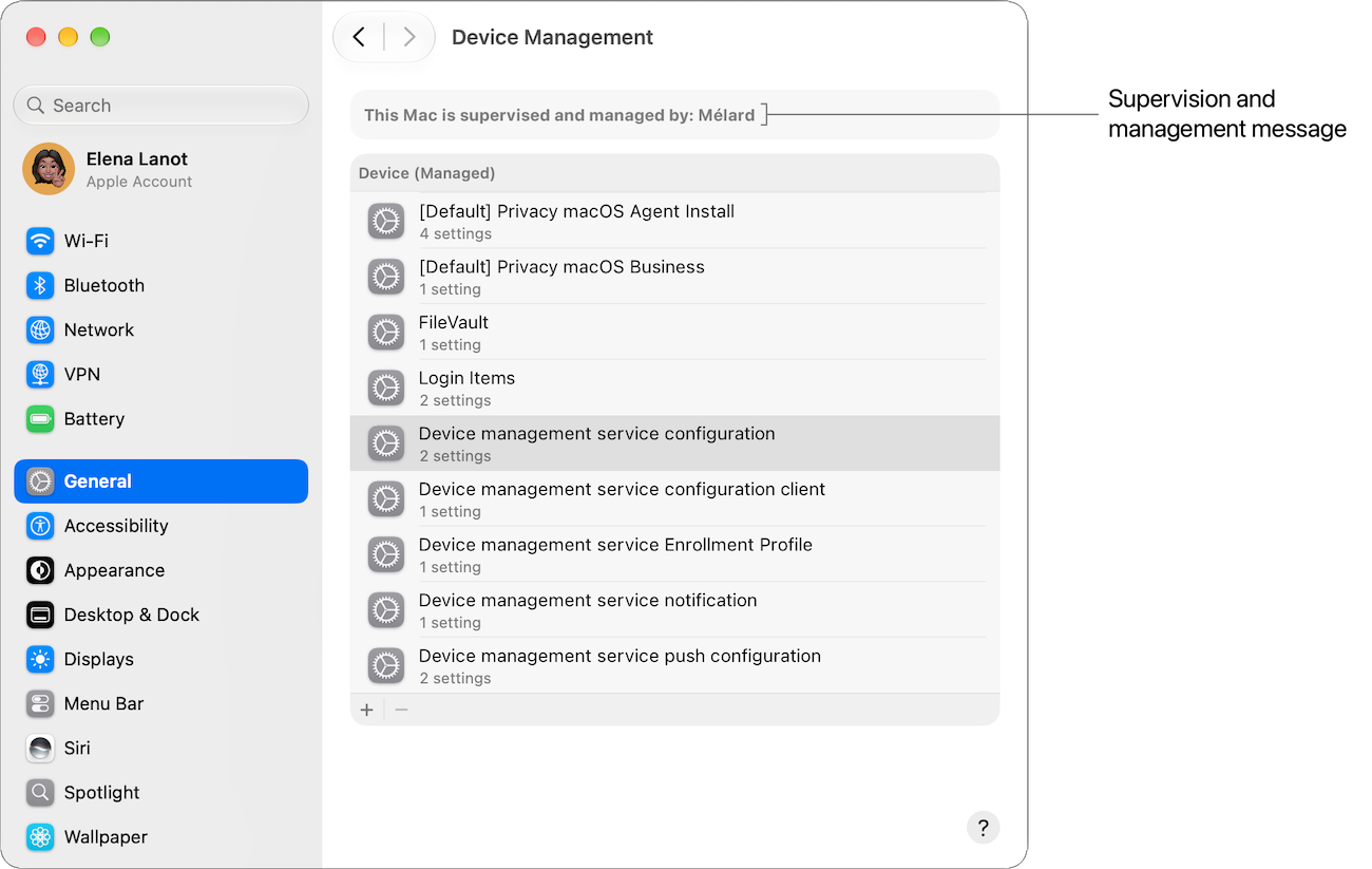 The Device Management pane of System Settings on a Mac, with a label identifying the supervision and management message.