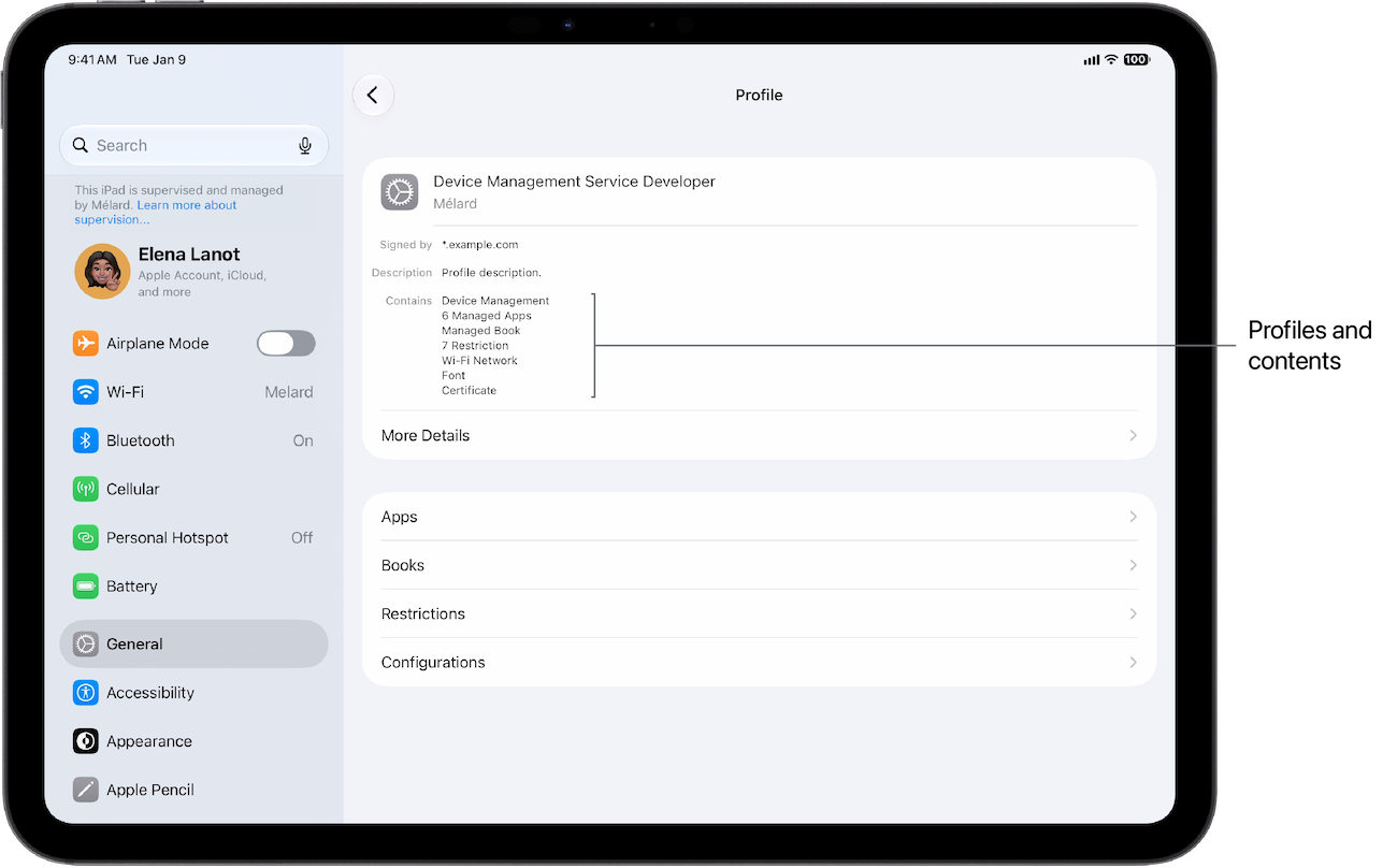 The Profile screen in Settings on an iPad, with a label identifying the profile’s contents.