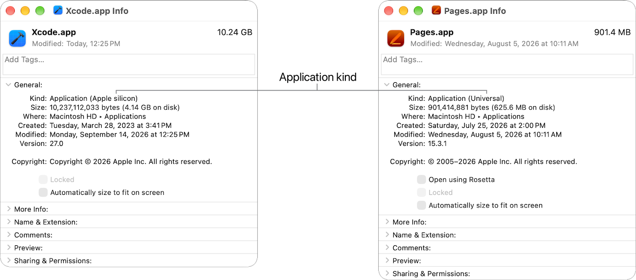 Two Get Info windows side by side, with a label identifying the Kind field in each. Xcode.app shows Kind: Application (Apple silicon), and Pages.app shows Kind: Application (Universal).