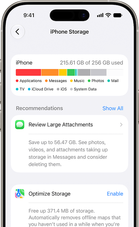 The iPhone Storage screen, showing storage use by content type and recommendations to free up space.