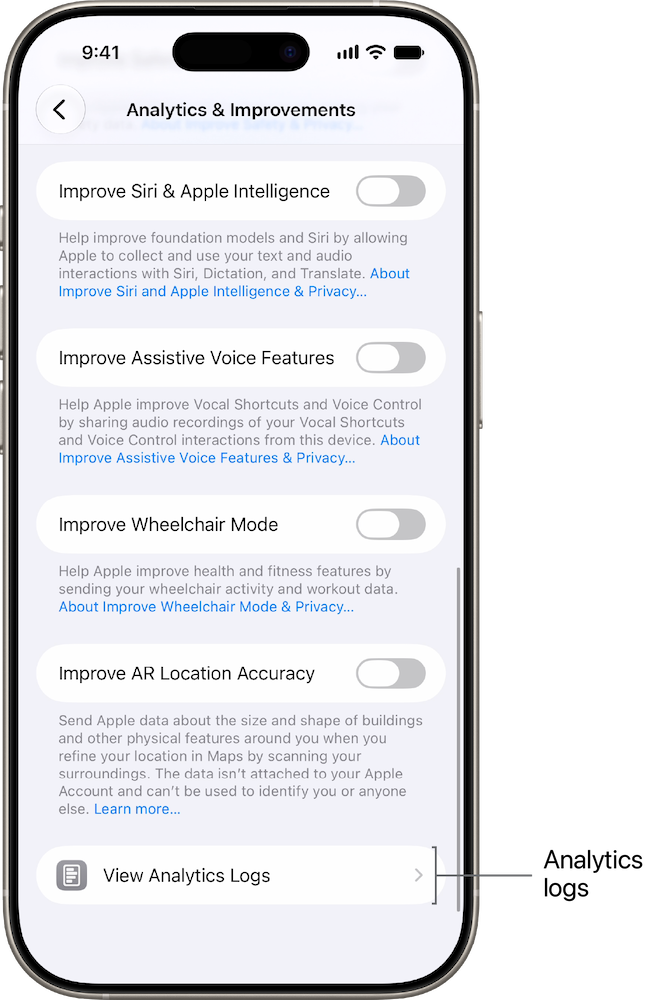 The Analytics & Improvements settings screen on iPhone, with a label identifying View Analytics Logs.