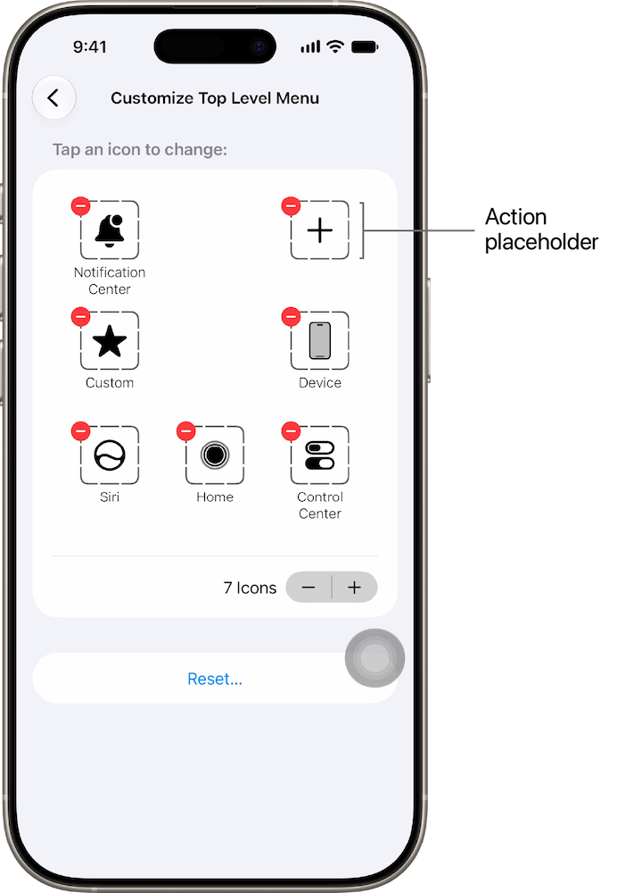 The Customize Top Level Menu screen on iPhone, with a label identifying the action placeholder.