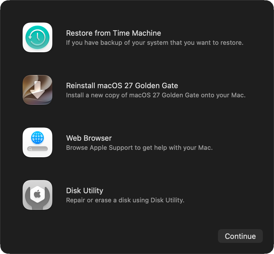 macOS Recovery options: Restore from Time Machine, Reinstall macOS, Web Browser, and Disk Utility.