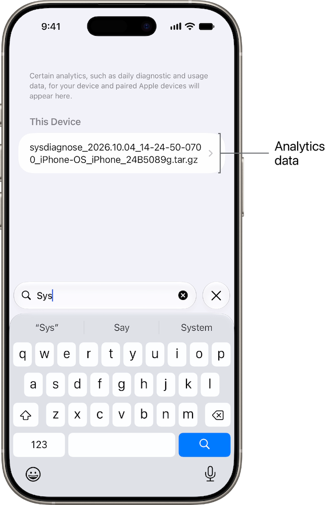 The analytics logs list on iPhone, with “Sys” typed in the search field and a label identifying a sysdiagnose log file.