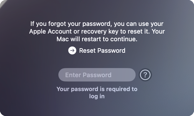 Password reset options in the login window.