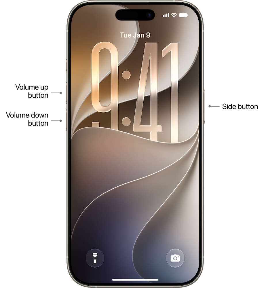An iPhone with labels identifying the volume up and volume down buttons on the left side and the side button on the right side.