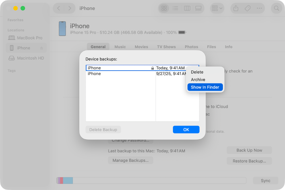 The Finder window with Show In Finder as the selected option.