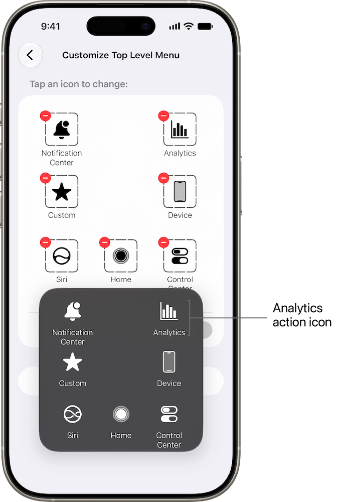 The Customize Top Level Menu screen on iPhone with the AssistiveTouch menu open, and a label identifying the Analytics action icon.