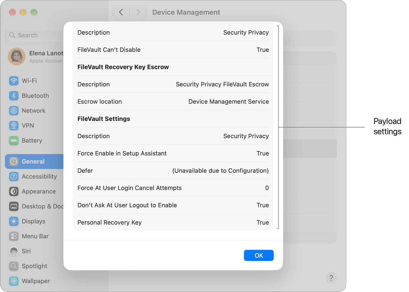 The details of a FileVault profile in System Settings on a Mac, with a label identifying the payload settings.