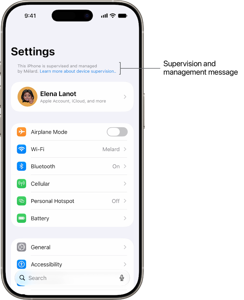 The Settings screen on an iPhone, with a label identifying the supervision and management message.
