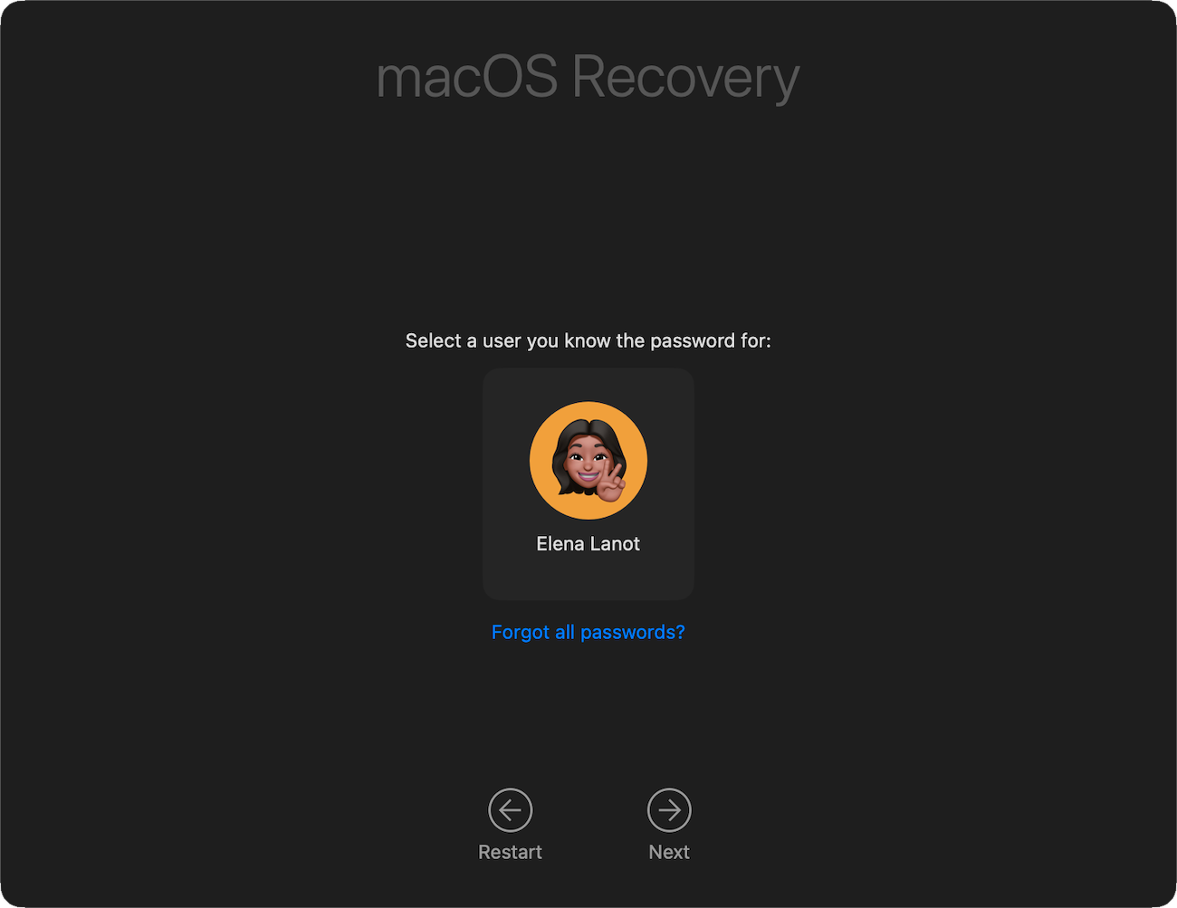 “Select a user” window in Recovery.