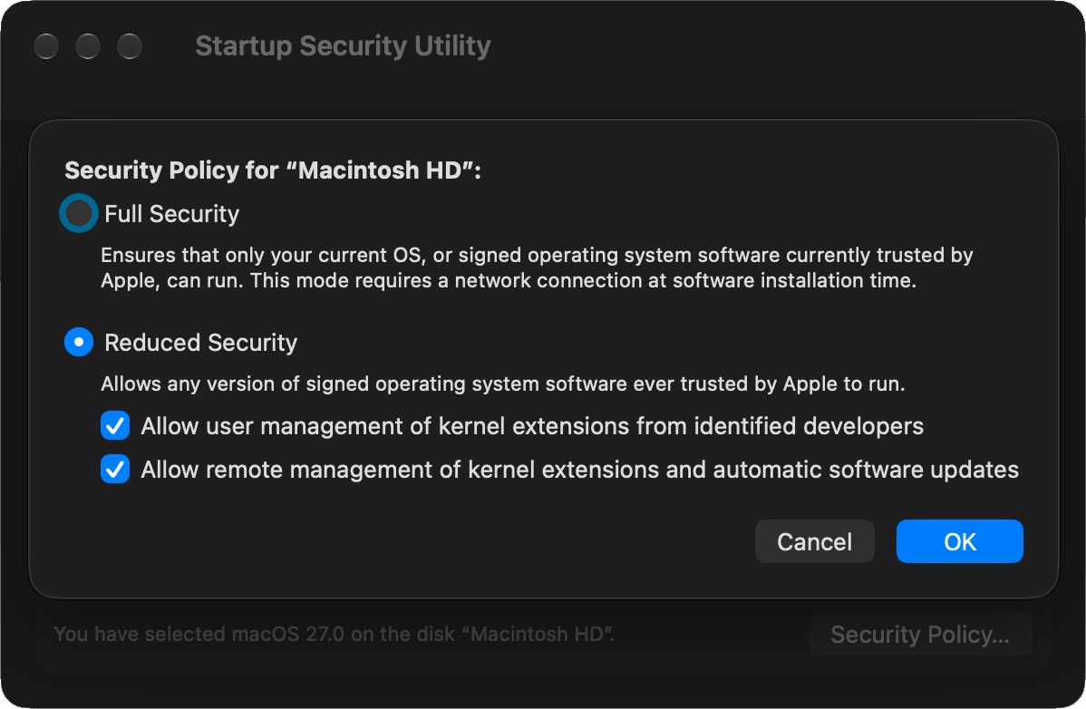 The Startup Security Utility showing Reduced Security selected.