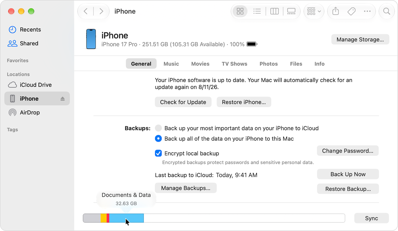 An iPhone selected in the Finder sidebar, with the pointer over the storage bar showing how much space Documents & Data uses.