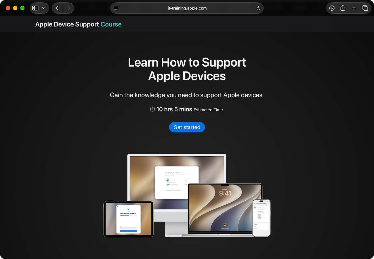 The IT Training website showing the Learn How to Support Apple Devices course.