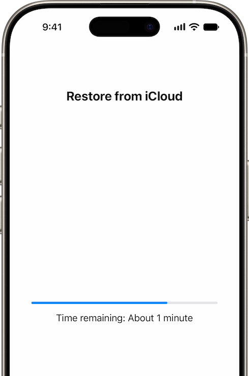 The Restore from iCloud screen on an iPhone, with a progress bar and the time remaining.