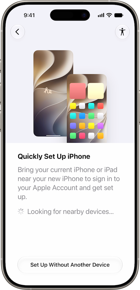 The Quickly Set Up iPhone screen, asking to bring the current iPhone or iPad near the new iPhone.