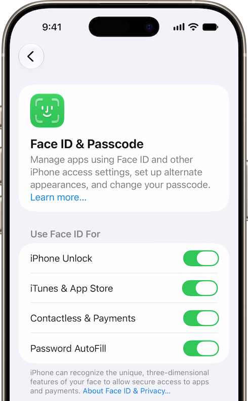 The Face ID & Passcode settings screen on iPhone. The settings to use Face ID for iPhone Unlock, iTunes & App Store, Contactless & Payments, and Password AutoFill are turned on.