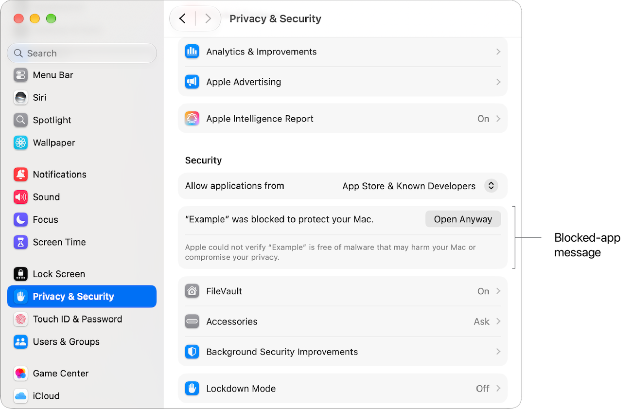 The Privacy & Security pane of System Settings on a Mac, with a label identifying the blocked-app message.