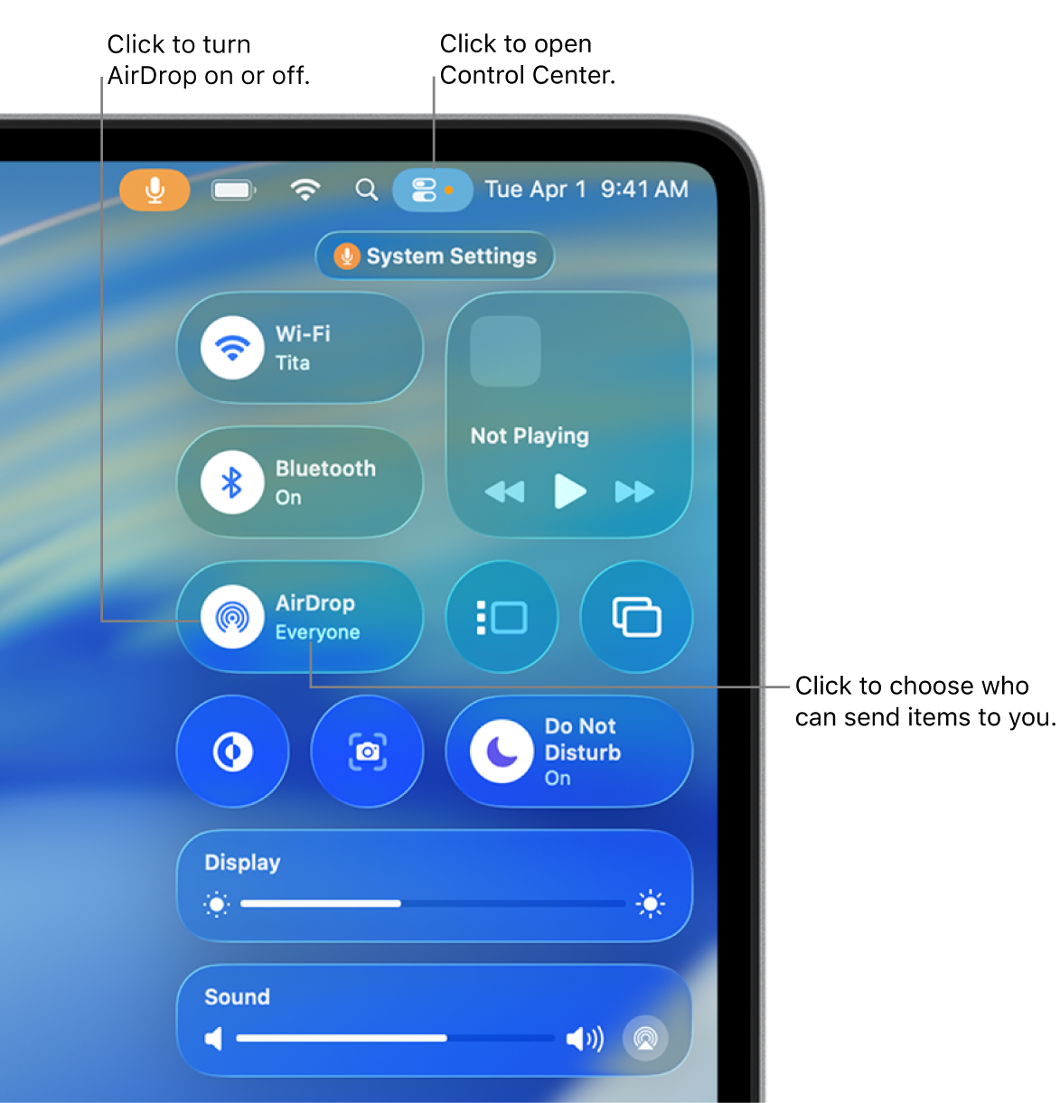 Using AirDrop from the Control Center.