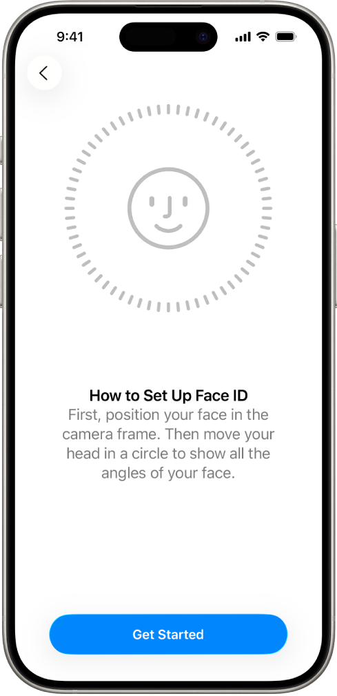 The Face ID recognition setup screen. A face is showing on the screen, enclosed in a circle. Text below that instructs the user to move their head slowly to complete the circle.