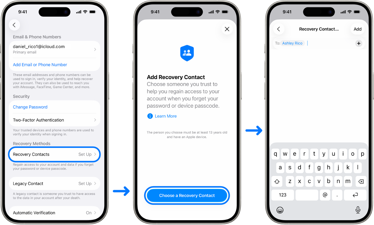 Three iPhone screens showing how to add Account Recovery contacts.