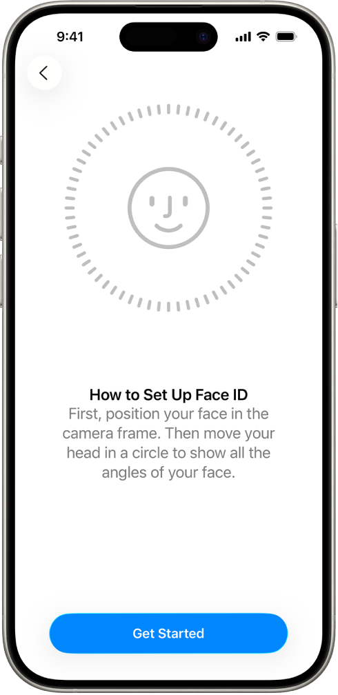 The Face ID recognition setup screen. A face is showing on the screen, enclosed in a circle. Text below that instructs the user to move their head slowly to complete the circle.