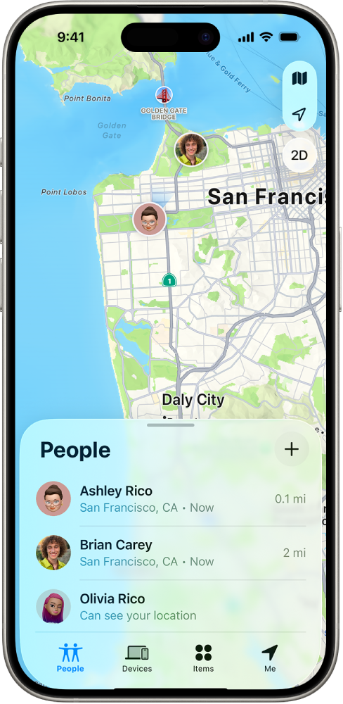 An iPhone screen showing a user’s location and four other users’ locations.