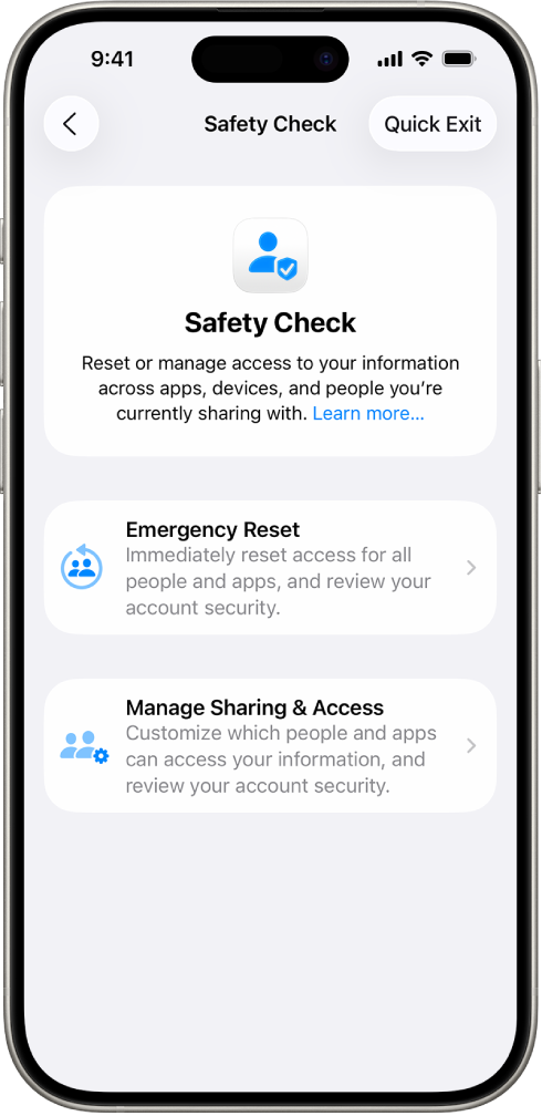An iPhone showing the Safety Check screen.
