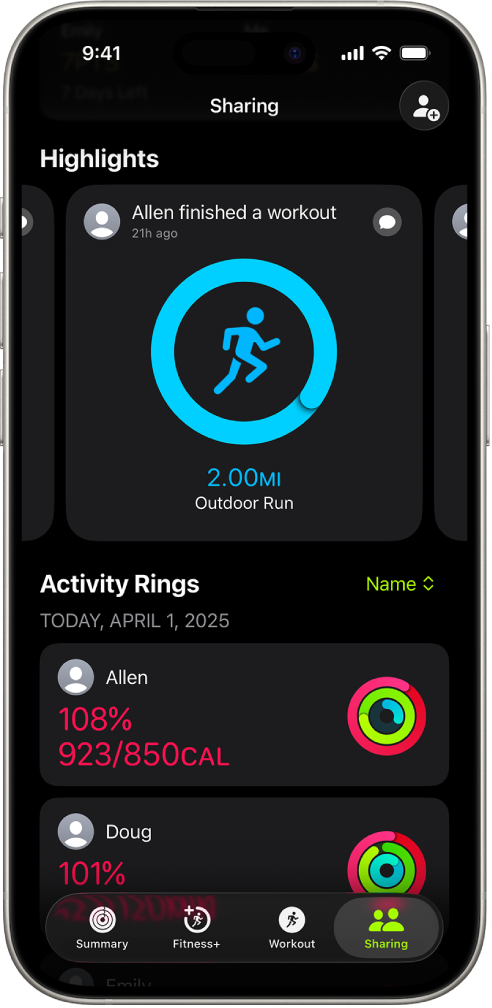 An iPhone screen showing activity data shared with two other people.