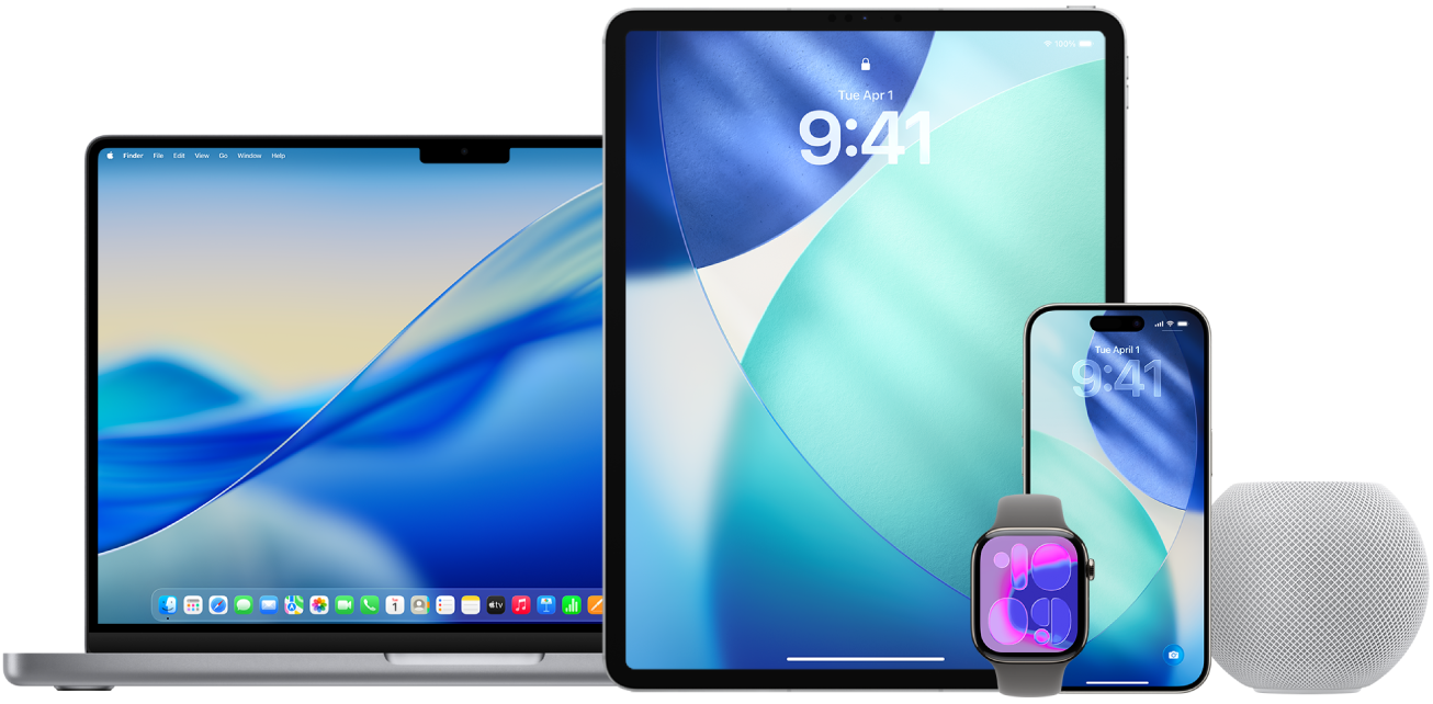 A MacBook, iPhone, iPad, Apple Watch, and HomePod.
