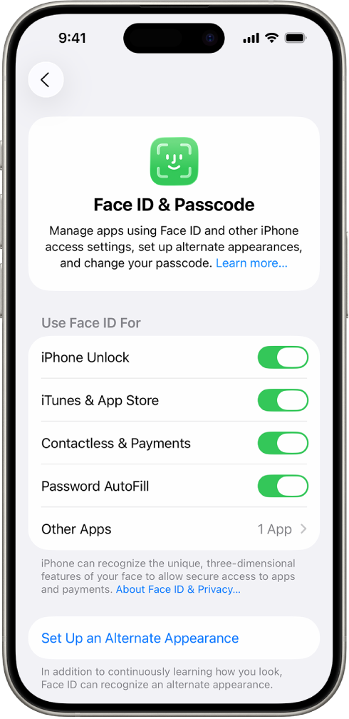 The iPhone Face ID screen showing what Face ID can be used for, such as iPhone Unlock, iTunes & App Store, Wallet & Apple Pay, and Password AutoFill.