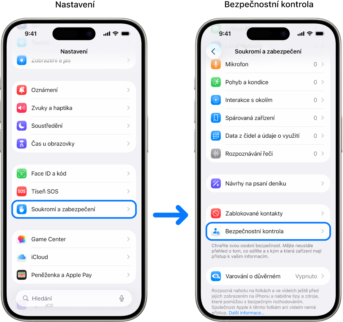Získání přístupu k funkci Bezpečnostní kontrola z aplikace Nastavení