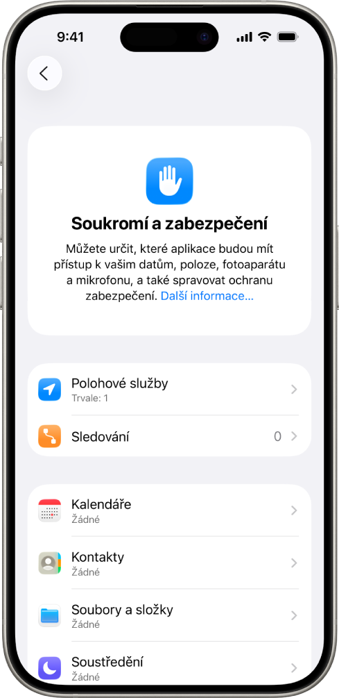 iPhone s otevřenou obrazovkou Soukromí a zabezpečení v Nastavení
