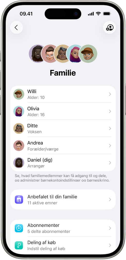 Skærmen Familiedeling i Indstillinger. Der vises en liste med fem familiemedlemmer, og fire abonnementer deles med familien.