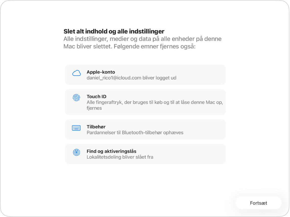 Et Mac-vindue, der viser assistenten Slet alt indhold og alle indstillinger.