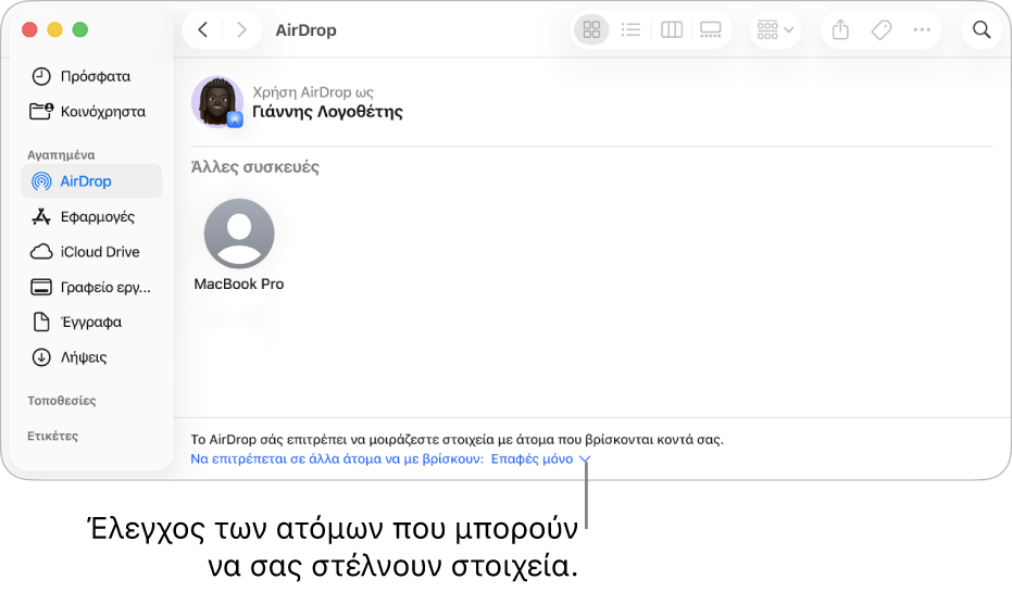 Το παράθυρο AirDrop του Finder.