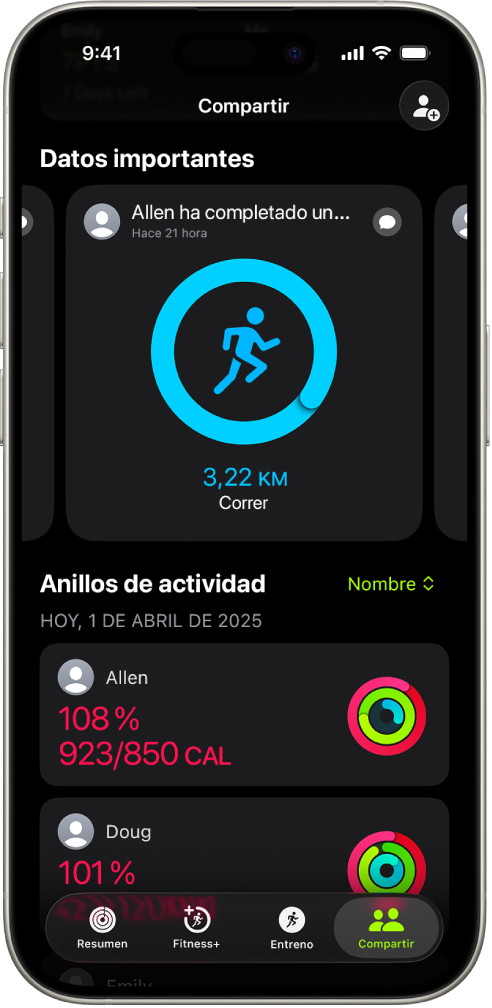 Pantalla de un iPhone en la que se muestran los datos de actividad compartidos con otras dos personas.