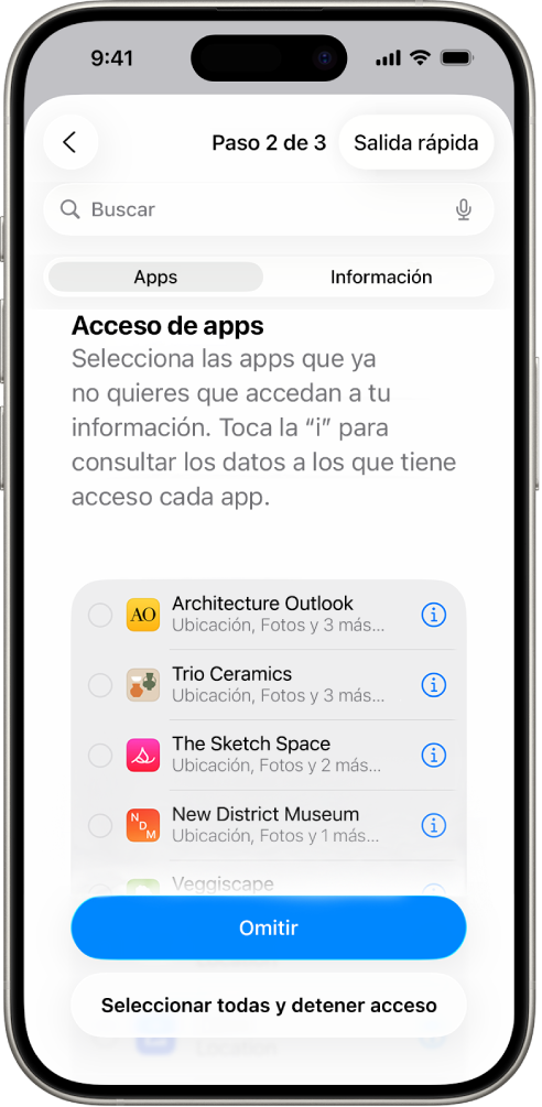 Pantalla de la revisión de seguridad mostrando información que se comparte con apps específicas.