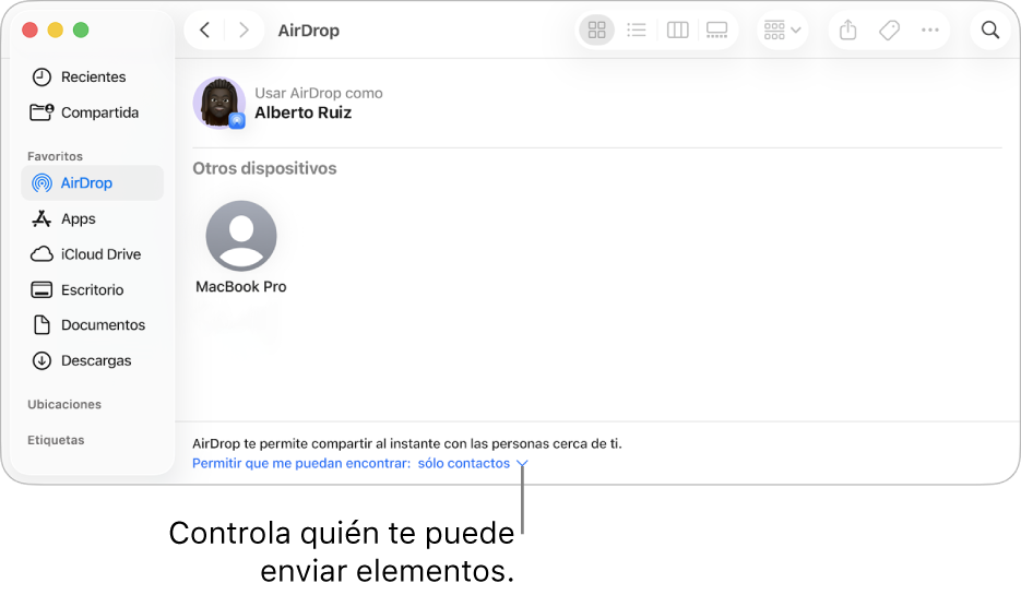 La ventana de AirDrop en el Finder.