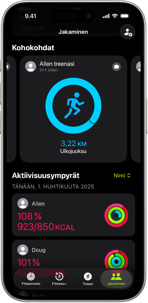 iPhonen näyttö, jossa näkyy kahden muun kanssa jaetut aktiivisuustiedot.