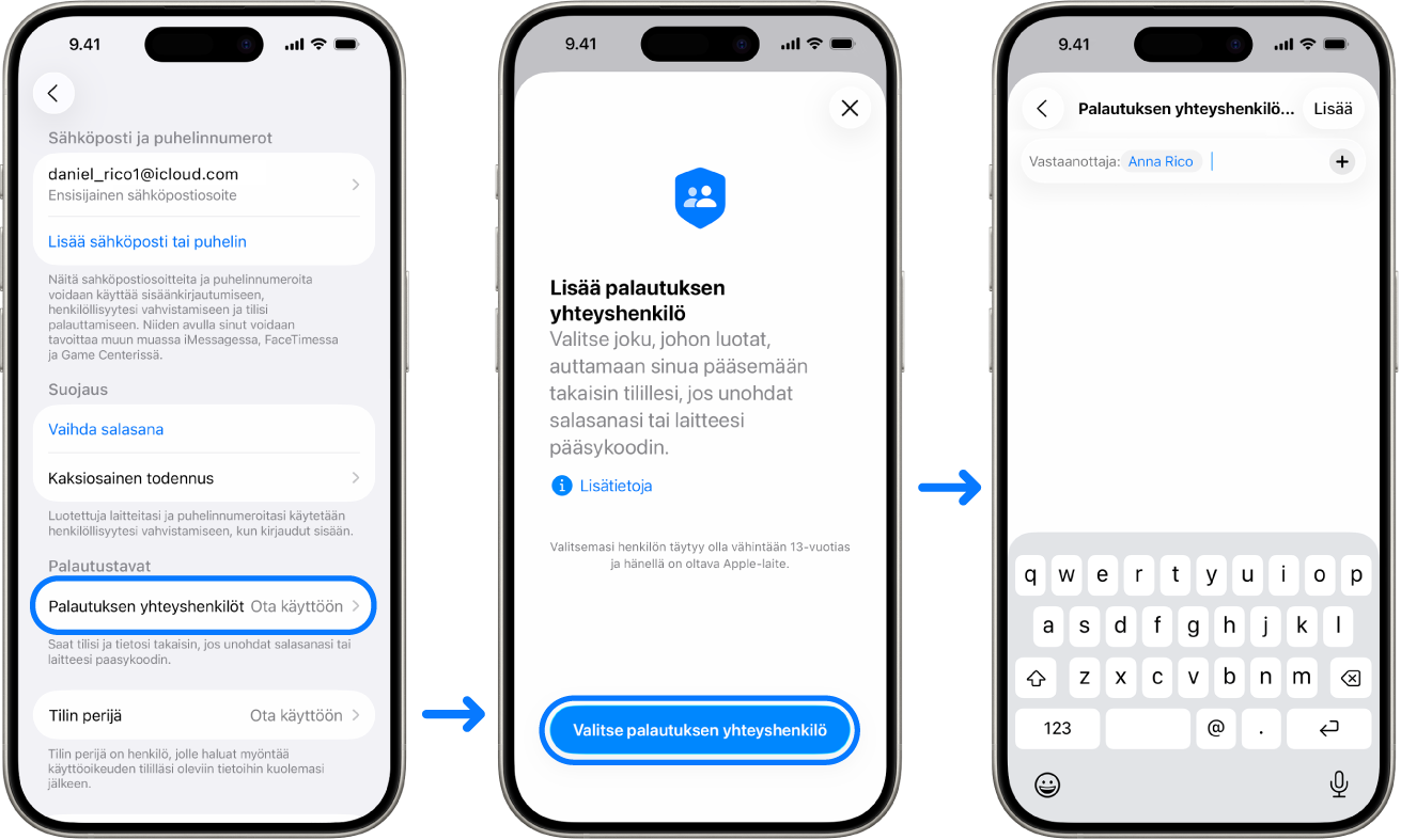 Kolme iPhonen näyttöä, joissa näkyy, miten tilin palautuksen yhteyshenkilöitä lisätään.