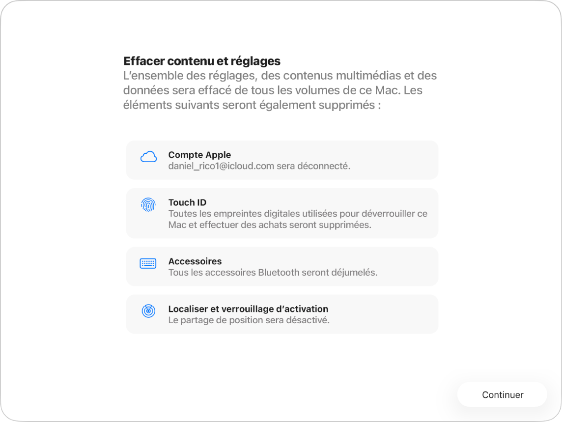 Une fenêtre Mac montrant l’assistant « Effacer contenu et réglages ».