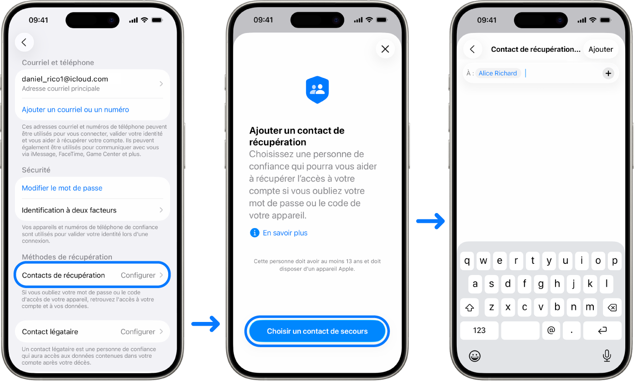 Trois écrans d’iPhone qui montrent comment ajouter des contacts de récupération de compte.