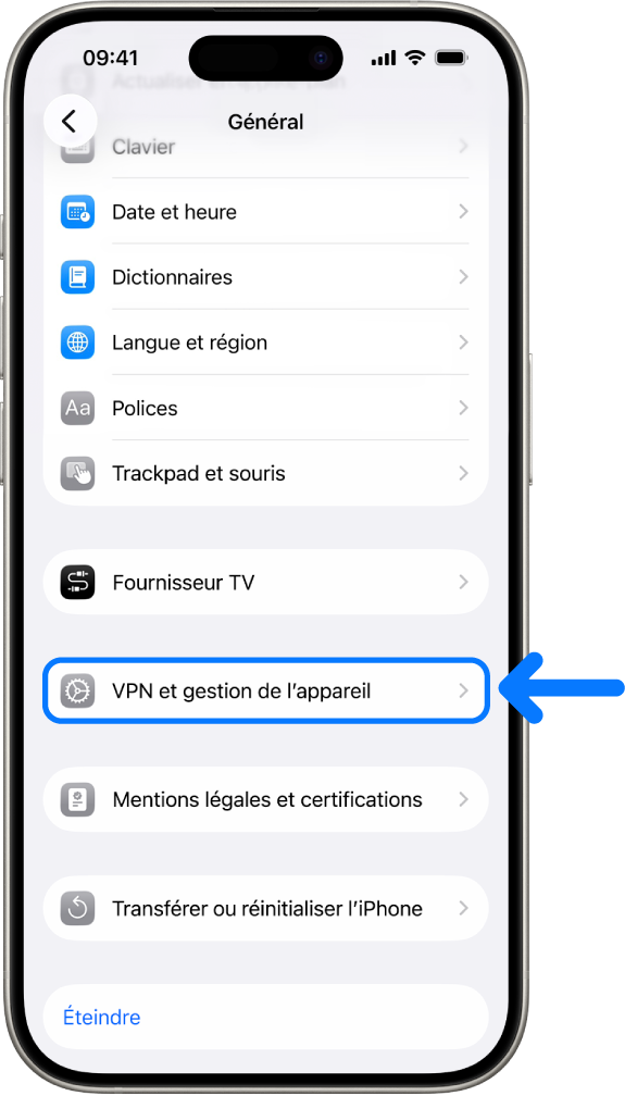 Écran de l’iPhone montrant l’option « VPN et gestion de l’appareil » sélectionnée.