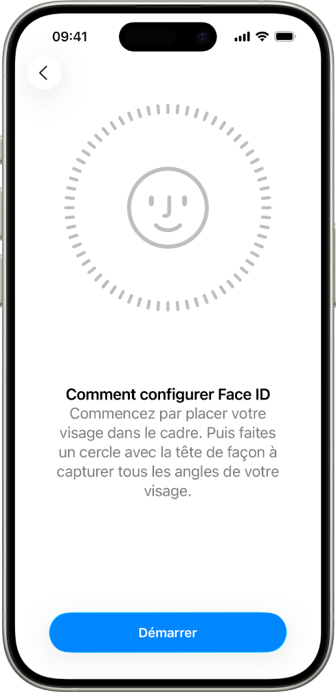 Écran de configuration de la reconnaissance Face ID. Un visage apparaît à l’écran, entouré d’un cercle. Le texte en dessous demande à l’utilisateur de bouger la tête lentement pour compléter le cercle.