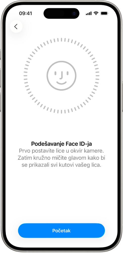 Zaslon za podešavanja prepoznavanja Face ID-ja. Na zaslonu se prikazuje lice, uokvireno krugom. Tekst ispod upućuje korisnika da polako pomiče glavu kako bi se krug zatvorio.