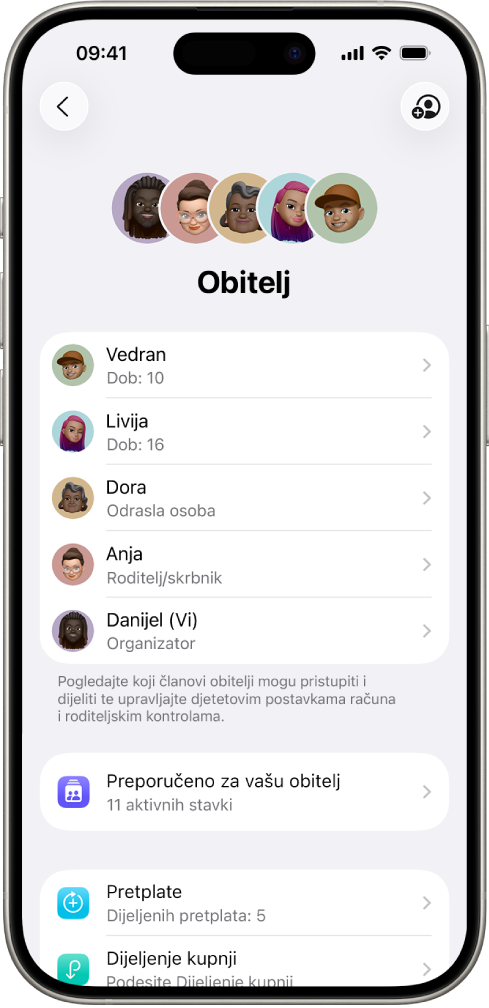 Zaslon značajke Dijeljenje s obitelji u Postavkama. Navedeno je pet članova obitelji i dijele se četiri pretplate s obitelji.