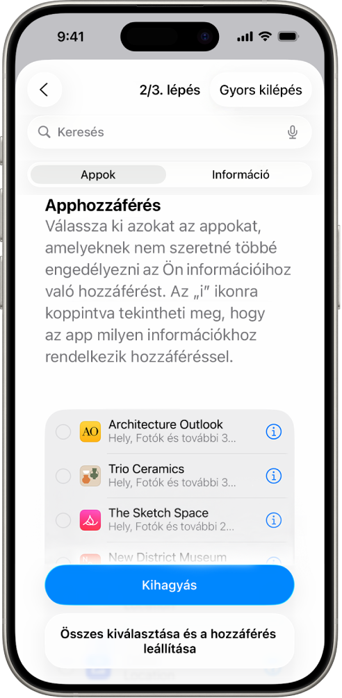 A Biztonsági ellenőrzés funkció képernyője, amelyen meghatározott appokkal megosztott információk láthatók.